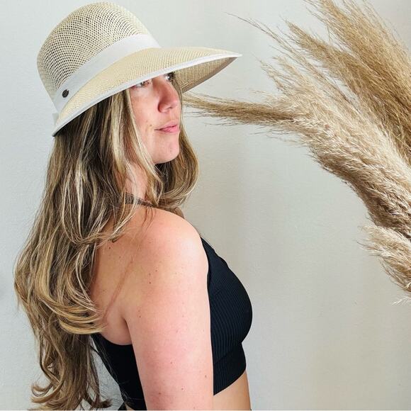 VINTAGE NORDSTROM Cream Tan Straw Wide Visor Brim White Bow Tie Ribbon Sun Hat - Picture 1 of 10